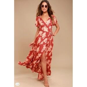 Lulus NWT Heart of Marigold Rust Red Floral Print‎ Wrap Long Maxi Dress Small